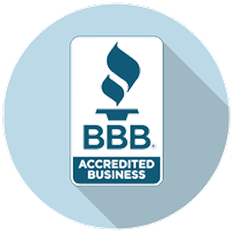 BBB Accredited Business logo in blue circle.